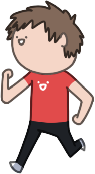 self potrait, a simplistic cartoon person running to left with a big smile but a small face. the same face can be seen on the shirt. the character has a short fuzzy brown hair, red t-shirt, black pants, and grey sneakers